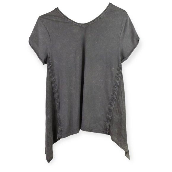 Demoracy Blouse M Womens Gray Distressed Sharkbite Hem Cotton Blend Short Sleeve - Picture 9 of 11